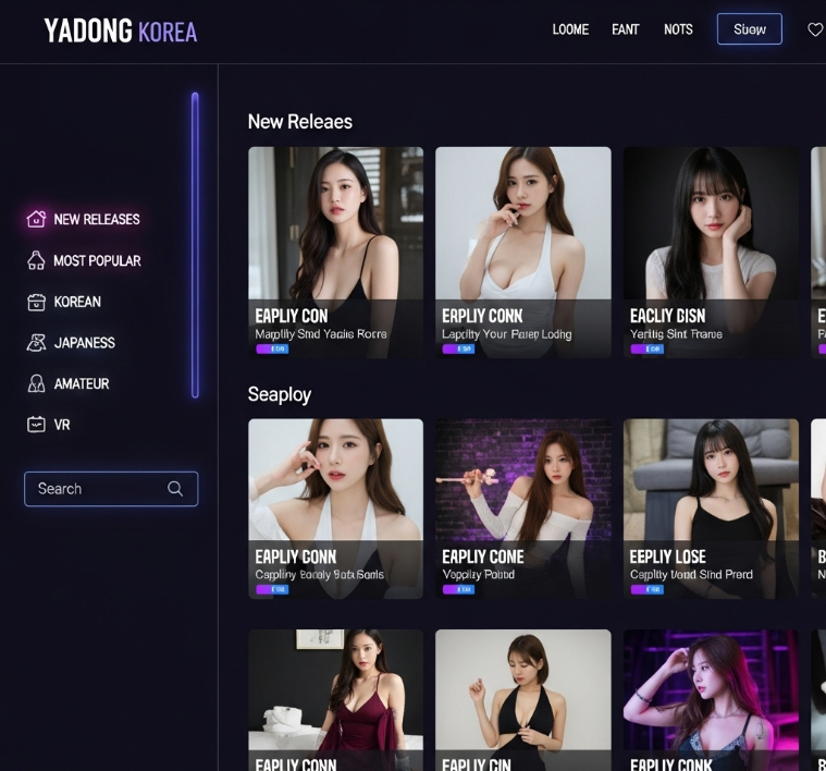 야동코리아 메인 페이지 스크린샷. 깔끔한 UI, 직관적인 카테고리, 화려한 썸네일로 사용자 친화적 인터페이스를 강조. 어두운 배경에 네온 포인트로 현대적 분위기 연출. 야동코리아 메인 페이지 스크린샷. 깔끔한 UI, 직관적인 카테고리, 화려한 썸네일로 사용자 친화적 인터페이스를 강조. 어두운 배경에 네온 포인트로 현대적 분위기 연출.