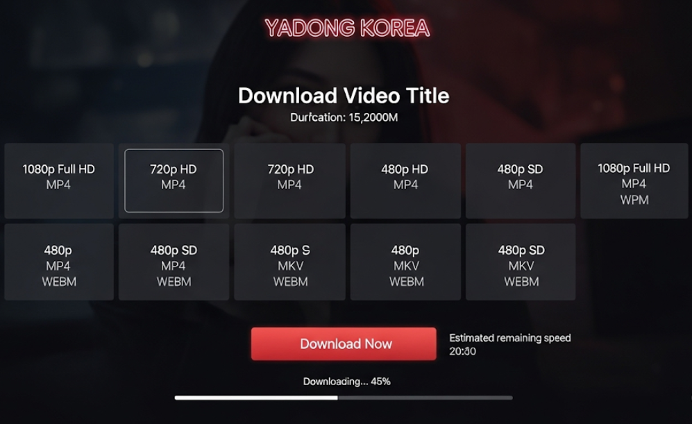 야동코리아 다운로드 화면. 다운로드 버튼과 진행 바가 포함된 UI. 야동코리아 다운로드 화면. 다운로드 버튼과 진행 바가 포함된 UI.
