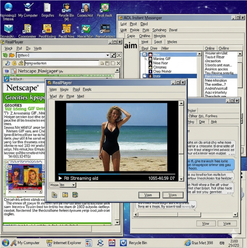 1990년대 후반 PC통신망의 인터페이스를 보여주는 스크린샷. 당시 리얼플레이어로 불법 영상이 재생되는 모습이나 초기 인터넷 환경을 연상시키는 이미지. 1990년대 후반 PC통신망의 인터페이스를 보여주는 스크린샷. 당시 리얼플레이어로 불법 영상이 재생되는 모습이나 초기 인터넷 환경을 연상시키는 이미지.