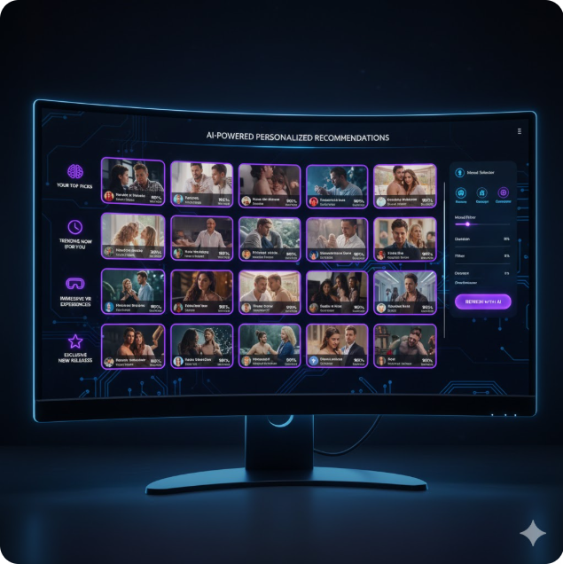 다양한 카테고리: 좌측 메뉴에는 'Top Picks', 'Trending Now', 'Immersive VR Experiences' 등의 항목이 있어, 일반 영상부터 최신 VR 콘텐츠까지 체계적으로 분류되어 있음을 알 수 있습니다. 다양한 카테고리: 좌측 메뉴에는 'Top Picks', 'Trending Now', 'Immersive VR Experiences' 등의 항목이 있어, 일반 영상부터 최신 VR 콘텐츠까지 체계적으로 분류되어 있음을 알 수 있습니다.