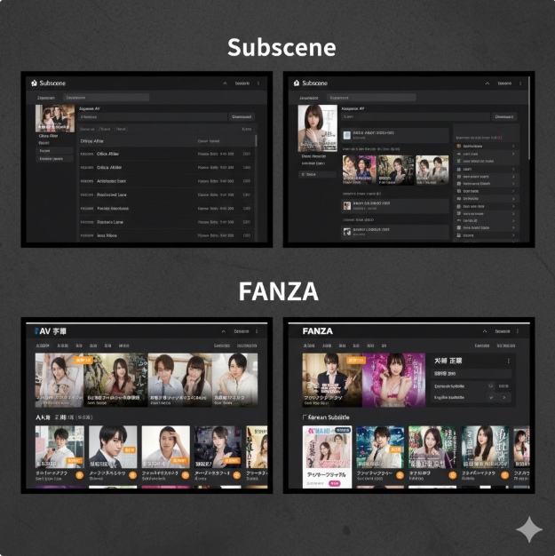 첫 번째 콜라주(Subscene, FANZA)는 자막을 검색하고 배포하는 플랫폼의 인터페이스를 담고 있습니다. 글로벌 자막 공유 사이트인 Subscene과 일본 최대 콘텐츠 플랫폼인 FANZA의 레이아웃을 통해, 사용자들이 원하는 작품의 자막 데이터를 어떻게 찾고 관리하는지 보여줍니다. 첫 번째 콜라주(Subscene, FANZA)는 자막을 검색하고 배포하는 플랫폼의 인터페이스를 담고 있습니다. 글로벌 자막 공유 사이트인 Subscene과 일본 최대 콘텐츠 플랫폼인 FANZA의 레이아웃을 통해, 사용자들이 원하는 작품의 자막 데이터를 어떻게 찾고 관리하는지 보여줍니다.