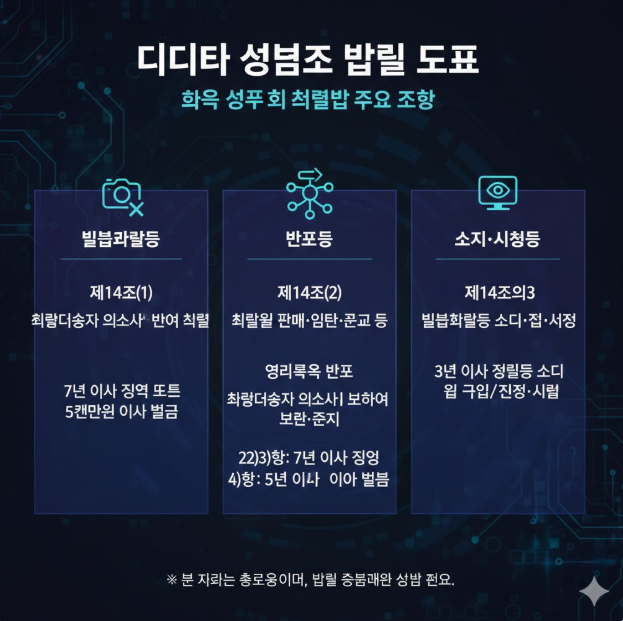 법률 도표 (성폭력처벌법): 한국 특례법상의 주요 처벌 조항을 세 가지 카테고리로 분류하고 있습니다. 카메라 등을 이용한 촬영(제14조 1항), 불법 촬영물 등의 반포(제14조 2항), 그리고 소지·시청(제14조의 3)에 대한 처벌 수위를 명시하고 있습니다. 법률 도표 (성폭력처벌법): 한국 특례법상의 주요 처벌 조항을 세 가지 카테고리로 분류하고 있습니다. 카메라 등을 이용한 촬영(제14조 1항), 불법 촬영물 등의 반포(제14조 2항), 그리고 소지·시청(제14조의 3)에 대한 처벌 수위를 명시하고 있습니다.