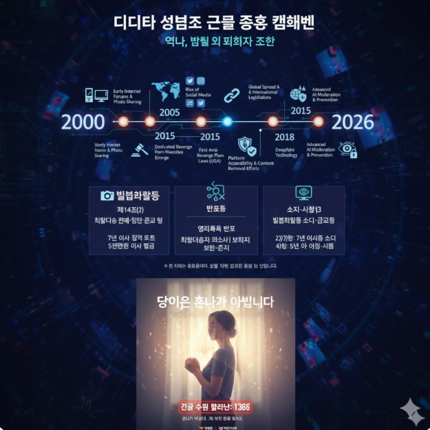 역사적 변천사: 2000년대 초기 인터넷 포럼을 통한 유포부터 2015년 전문 사이트의 등장, 2018년 딥페이크 기술의 위협을 거쳐 2026년 고도화된 AI 기반 모니터링 및 방지 기술 도입까지의 과정을 타임라인으로 보여줍니다. 역사적 변천사: 2000년대 초기 인터넷 포럼을 통한 유포부터 2015년 전문 사이트의 등장, 2018년 딥페이크 기술의 위협을 거쳐 2026년 고도화된 AI 기반 모니터링 및 방지 기술 도입까지의 과정을 타임라인으로 보여줍니다.