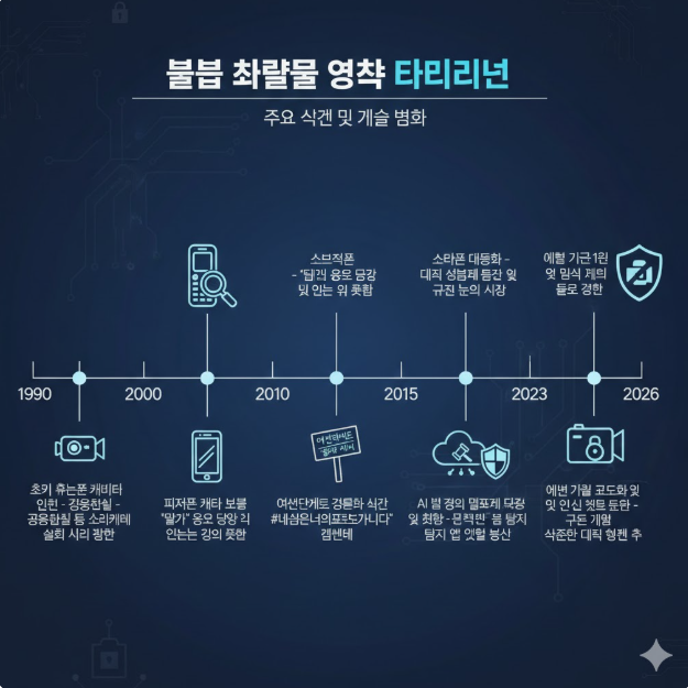 기술의 진화: 초기 휴대용 카메라와 피처폰 시대를 거쳐, 스마트폰의 대중화로 인해 촬영 및 유포가 용이해진 과정을 보여줍니다.