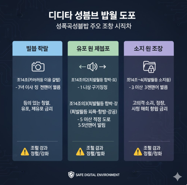 소지 및 시청: 불법 제작물을 소지하거나 시청하는 행위 또한 처벌 대상임을 경고 아이콘과 함께 시각화하여 범죄 예방 메시지를 전달합니다.
