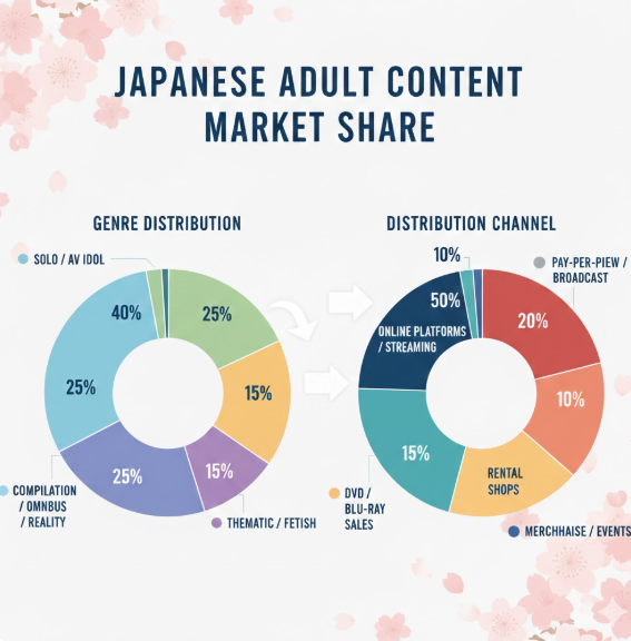 장르 분배: 솔로/AV 아이돌(40%)이 가장 큰 비중을 차지하며, 옴니버스(25%)와 페티시 등 테마형(15%)이 뒤를 잇습니다.