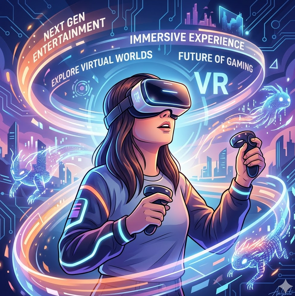 VR 헤드셋을 착용하고 미래형 콘텐츠를 즐기는 유저의 일러스트 VR 헤드셋을 착용하고 미래형 콘텐츠를 즐기는 유저의 일러스트