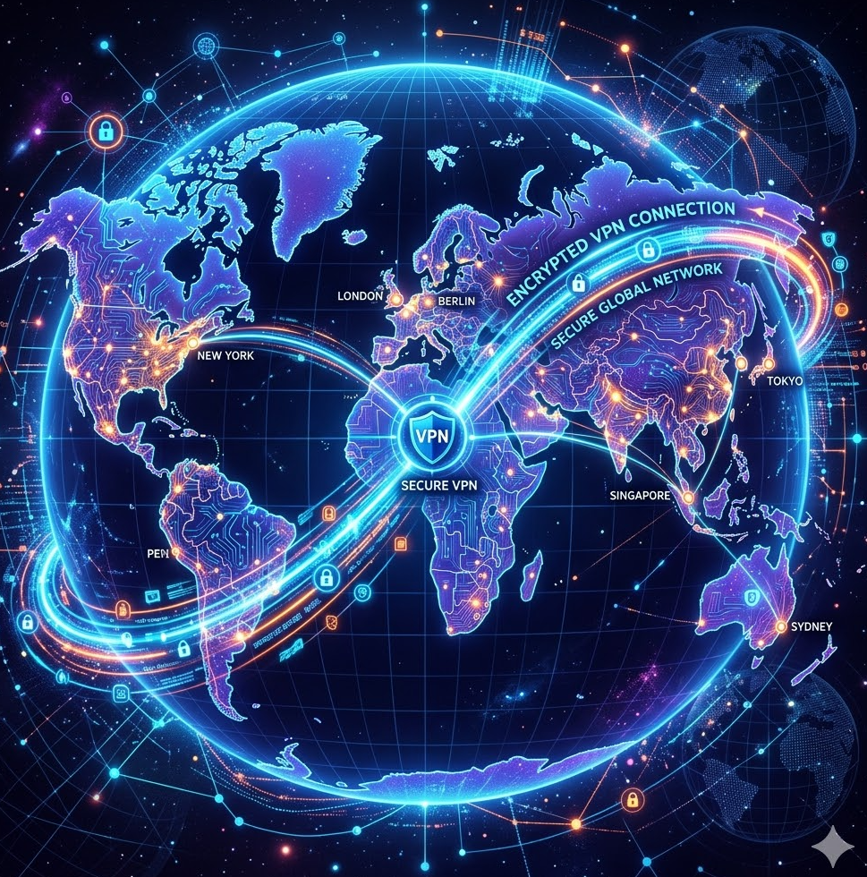 VPN 연결을 시각화한 화려한 디지털 세계 지도 이미지 VPN 연결을 시각화한 화려한 디지털 세계 지도 이미지