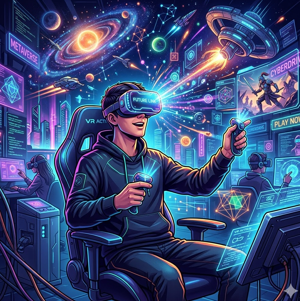 VR 헤드셋을 착용하고 미래형 콘텐츠를 즐기는 유저의 일러스트 VR 헤드셋을 착용하고 미래형 콘텐츠를 즐기는 유저의 일러스트