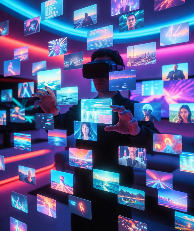 미래형 거실에서 사용자가 최신형 가상 현실(VR) 글래스를 착용한 채, 허공에 펼쳐진 수백 개의 4K 영상 타일들을 손동작 제스처로 자유롭게 넘기며 자신만의 인생작을 큐레이션하는 환상적인 모습의 사진 미래형 거실에서 사용자가 최신형 가상 현실(VR) 글래스를 착용한 채, 허공에 펼쳐진 수백 개의 4K 영상 타일들을 손동작 제스처로 자유롭게 넘기며 자신만의 인생작을 큐레이션하는 환상적인 모습의 사진