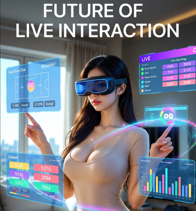 밝고 현대적인 분위기의 거실에서 한 사용자가 최신형 가상 현실(VR) 글래스를 착용한 채, 허공에 펼쳐진 수만 개의 실시간 채팅 위젯과 경기 분석 그래프들을 손가락 제스처로 컨트롤하며 소통하는 미래지향적 사진 밝고 현대적인 분위기의 거실에서 한 사용자가 최신형 가상 현실(VR) 글래스를 착용한 채, 허공에 펼쳐진 수만 개의 실시간 채팅 위젯과 경기 분석 그래프들을 손가락 제스처로 컨트롤하며 소통하는 미래지향적 사진