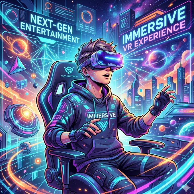 VR 헤드셋을 착용하고 미래형 콘텐츠를 즐기는 유저의 일러스트 VR 헤드셋을 착용하고 미래형 콘텐츠를 즐기는 유저의 일러스트