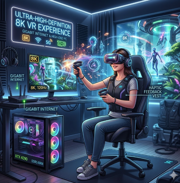 VR 헤드셋을 착용하고 미래형 콘텐츠를 즐기는 유저의 일러스트 VR 헤드셋을 착용하고 미래형 콘텐츠를 즐기는 유저의 일러스트